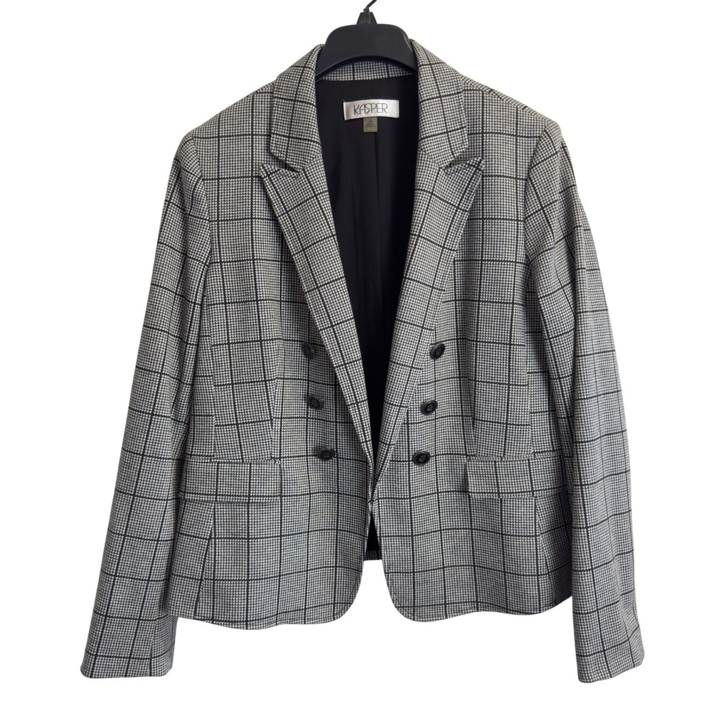 Kasper Womens Glen Plaid Double Breasted Blazer Black White Houndstooth Check 14